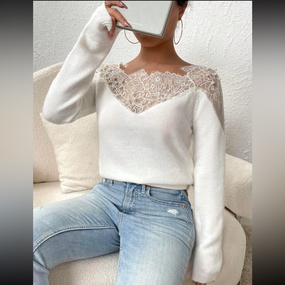 Cozy Sheer Mesh Eyelash Lace Pearls Sweater Top - Picture 5 of 7